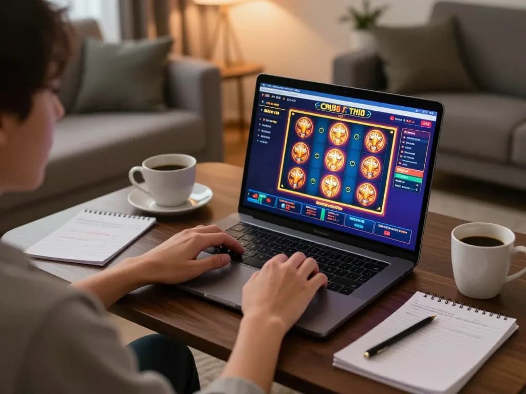 Engaging in online gaming at home with cm88 slot visuals on screen in a cozy setting