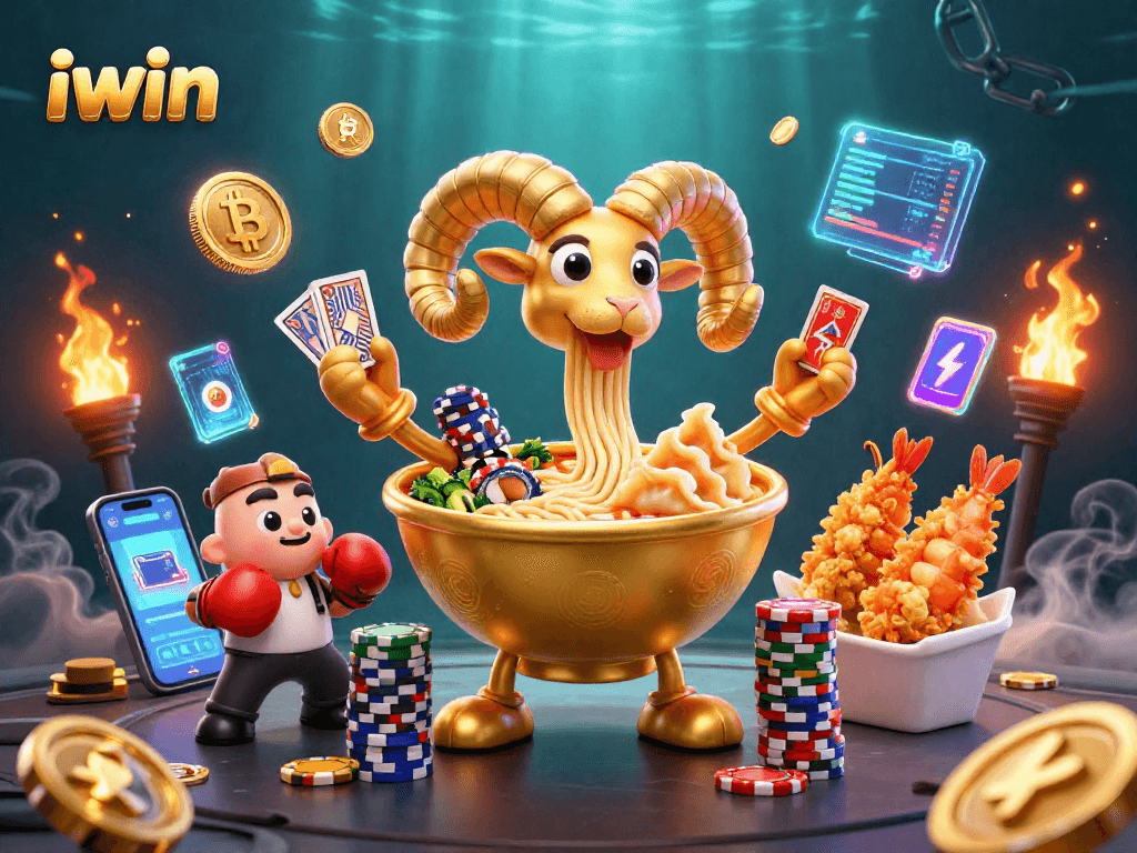 Engage with iwin as the golden ramen bowl dealer stacks chips amidst crypto coins and vibrant atmosphere.