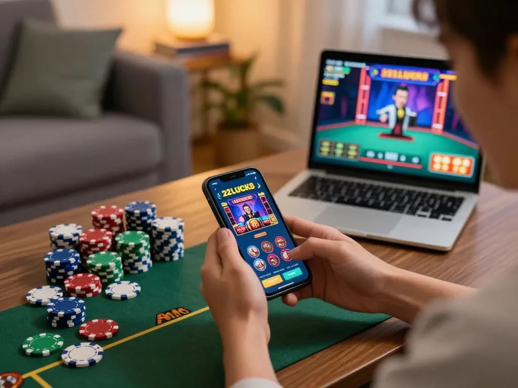 Person using 22LUCK8 app on smartphone while enjoying a strategic gaming night at home