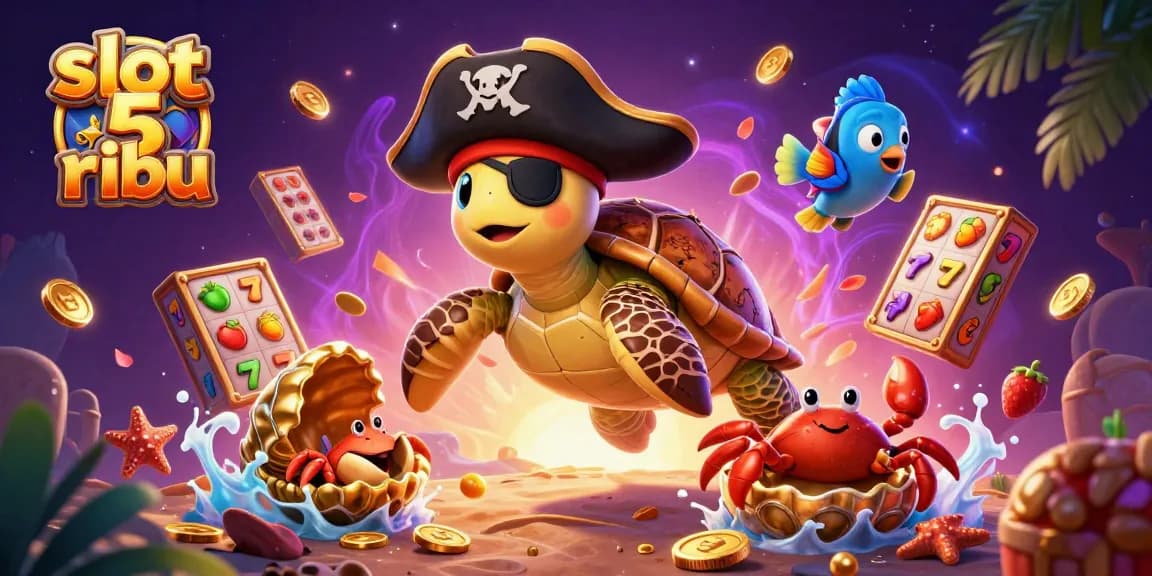 Engage with slot 5 ribu in this vibrant 3D casino illustration filled with colorful slot game elements.