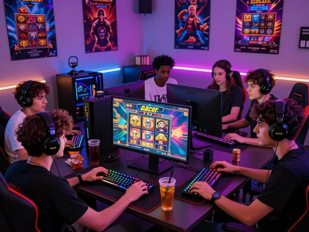 Exciting gaming room with friends enjoying slot gacor on a computer, vibrant atmosphere