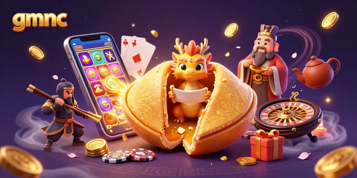 Spin and win with gmnc's vibrant 3D casino themed fortune cookie scene full of luck and rewards.