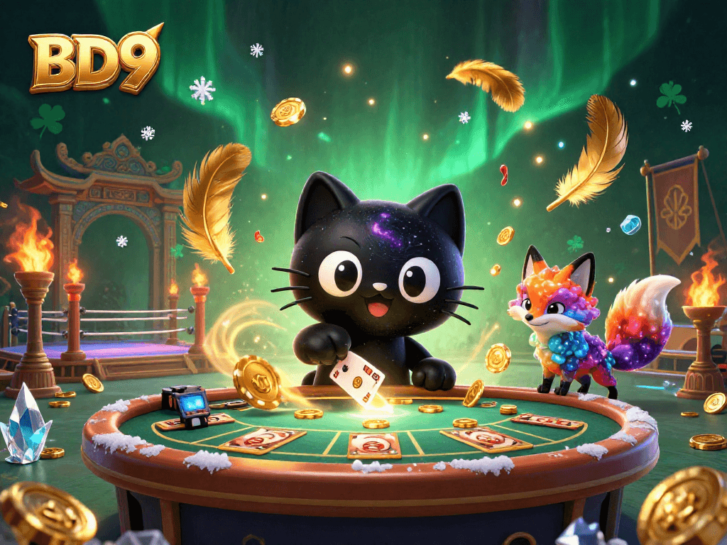 Experience immense winnings in BD9's vibrant casino with a magical black hole cat.
