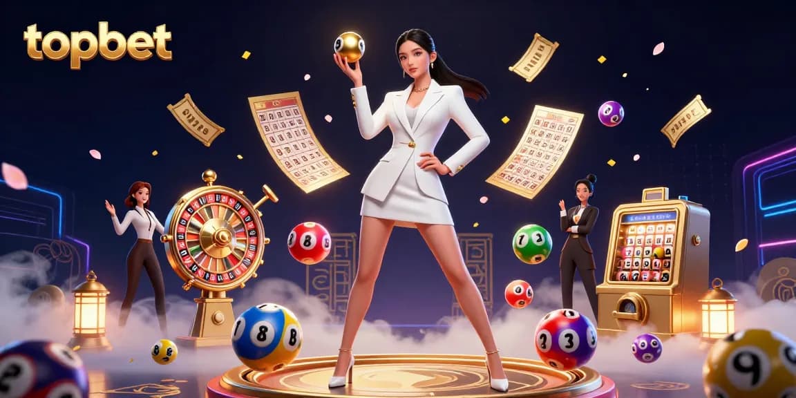 topbet showcases vibrant roulette and lottery elements in a luxurious casino setting.