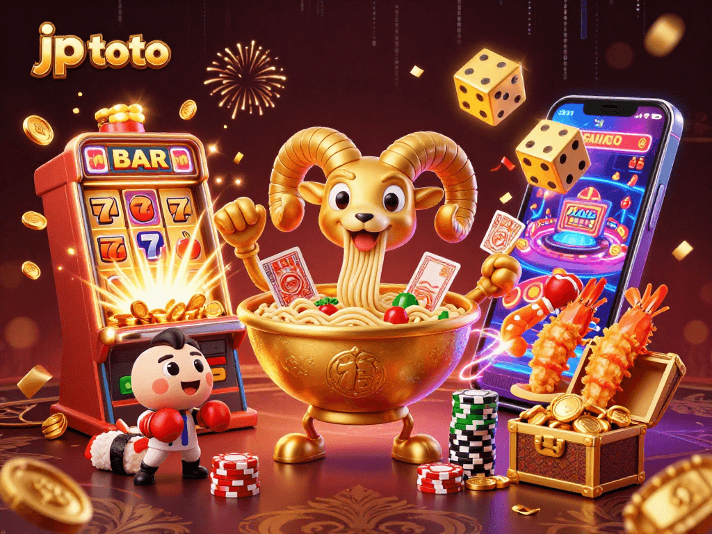 Win big with jp toto in vibrant casino scene featuring cartoon characters and jackpot elements.