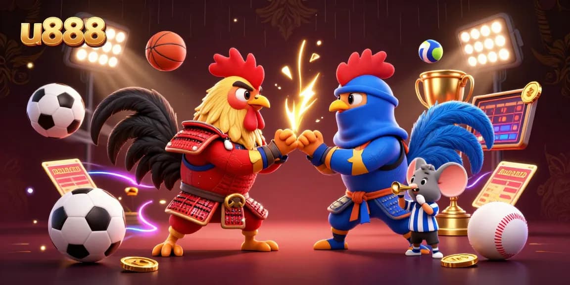 Engage in thrilling sports betting with u888's vibrant scene of roosters and sports elements.