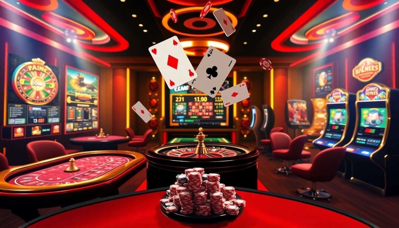 Engage in thrilling games at okfun trực tuyến casino with vibrant slot machines and poker tables.
