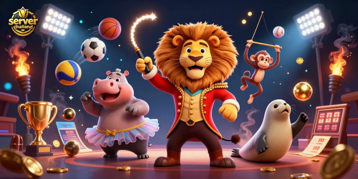 Experience server thailand through a vibrant 3D cartoon illustration filled with dynamic gambling elements and characters.