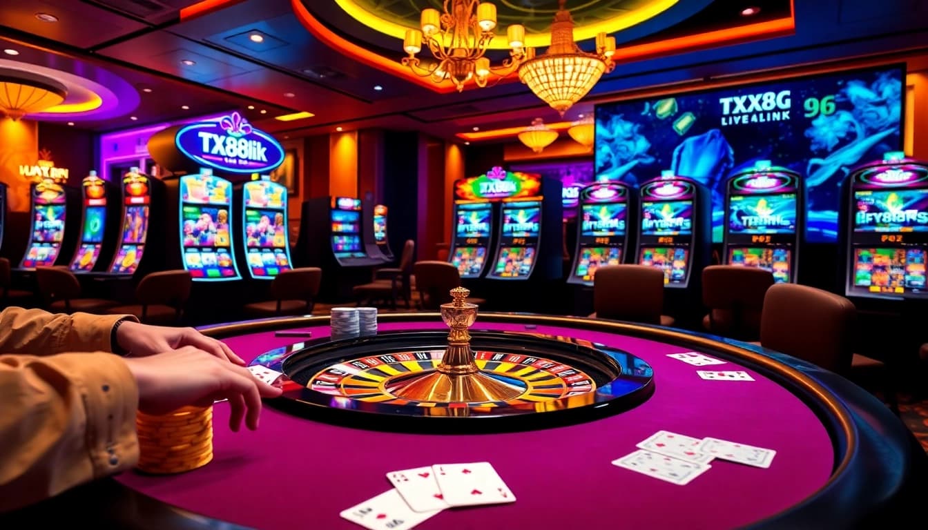 Experience high-stakes gaming at TX88.link with vibrant casino tables and engaged players.