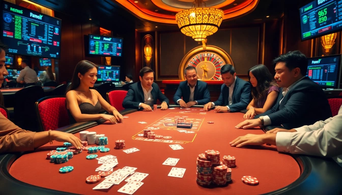 The thrilling atmosphere of a casino poker table featuring players engaged in action at https://kk55.fit/ with colorful chips and cards.