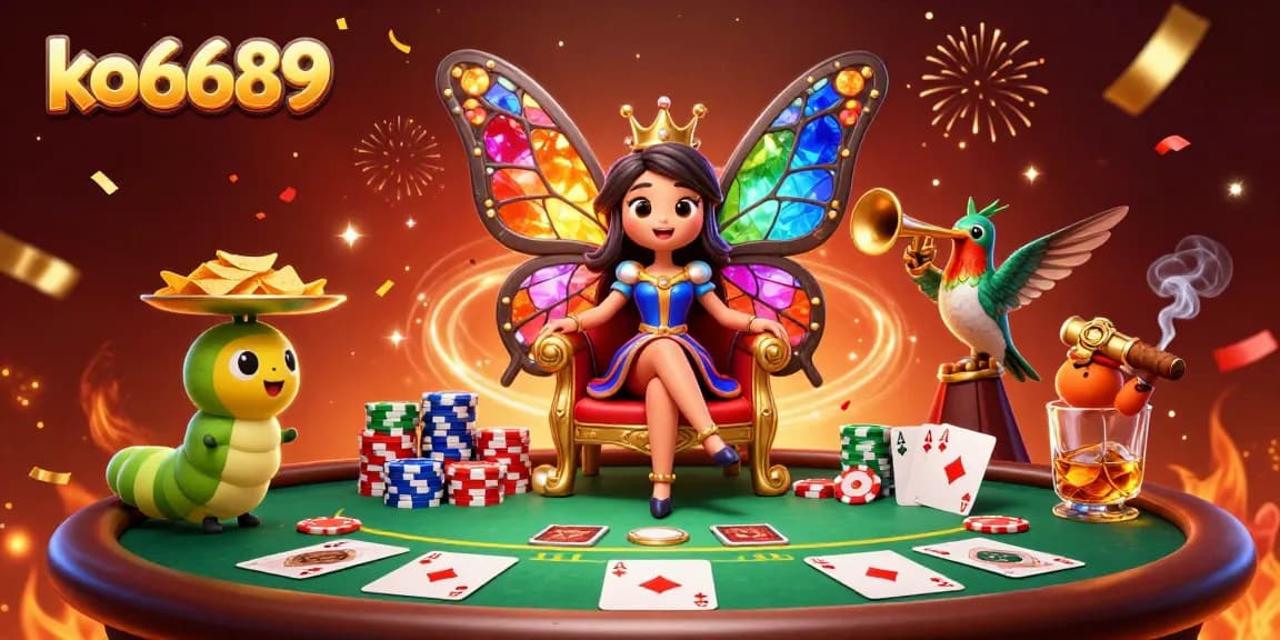 Experience a vibrant gaming atmosphere with ko6689, showcasing a 3D butterfly queen amid poker game excitement.