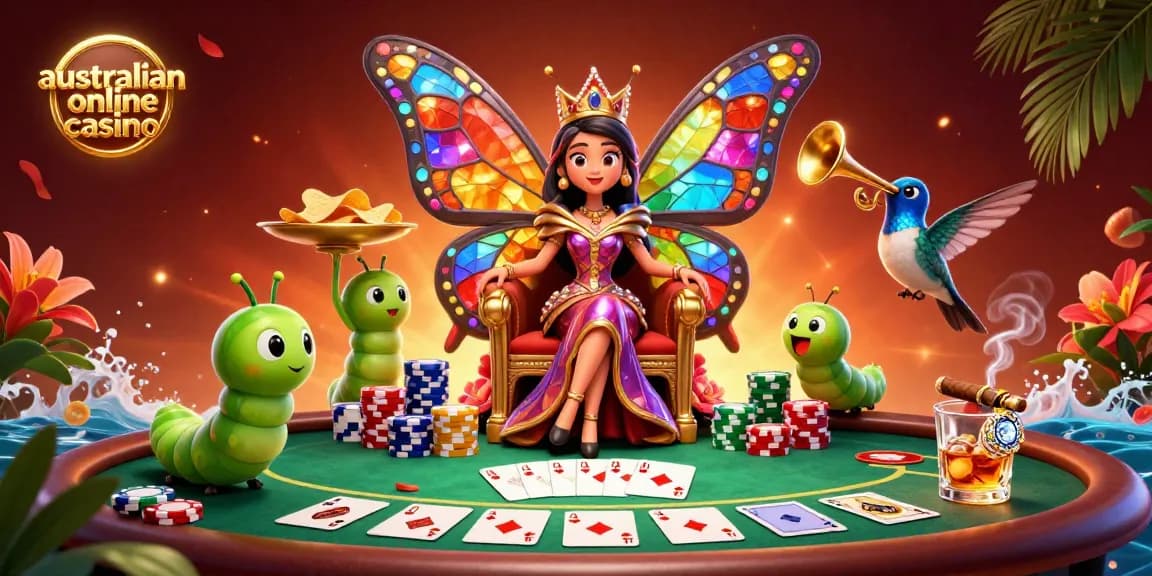 A stunning scene showcasing the Australian online casino theme, featuring a butterfly queen amidst poker elements, chips, and vibrant visuals.
