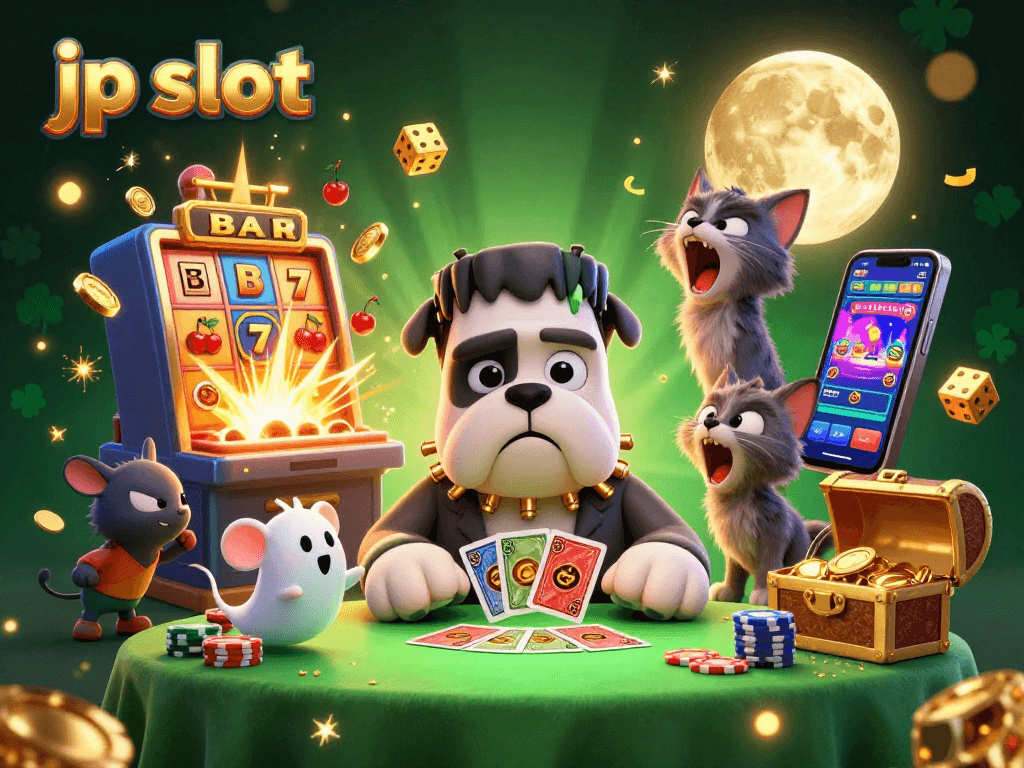 Play and win big with jp slot on a vibrant 3D illustration of a casino scene full of excitement.