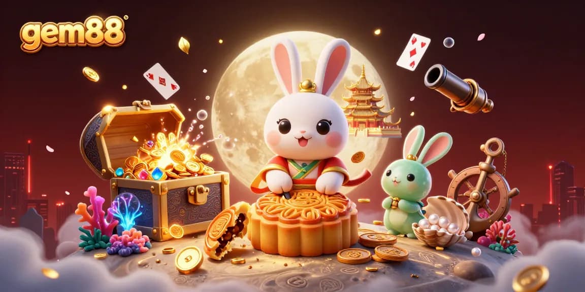 Experience gem88 excitement with a vibrant scene of moon rabbit and treasures in an energetic casino setting.