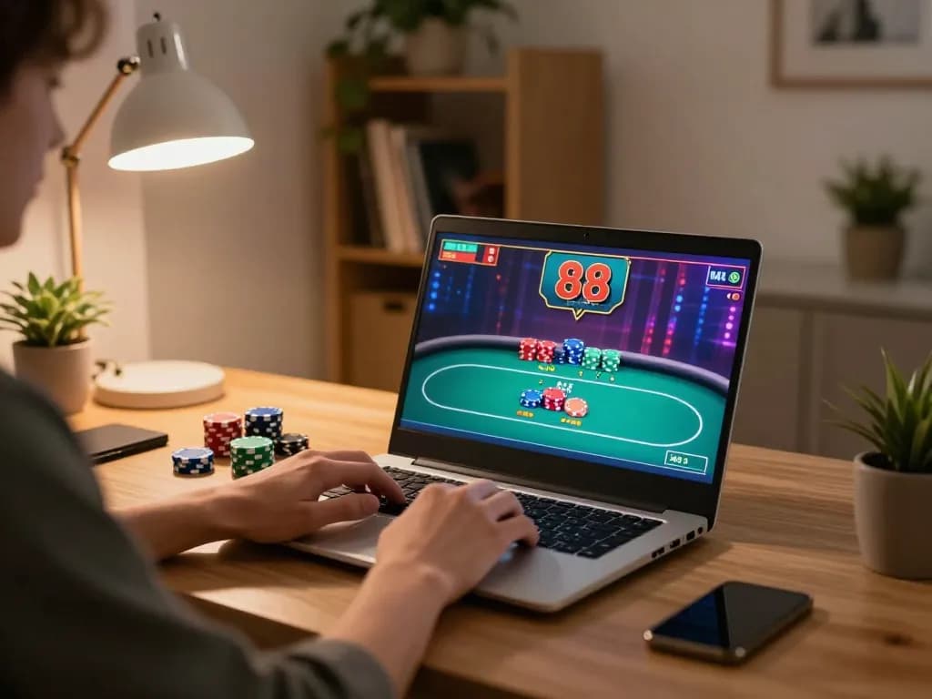 Enjoying fun88's online casino experience during a cozy home gaming session.