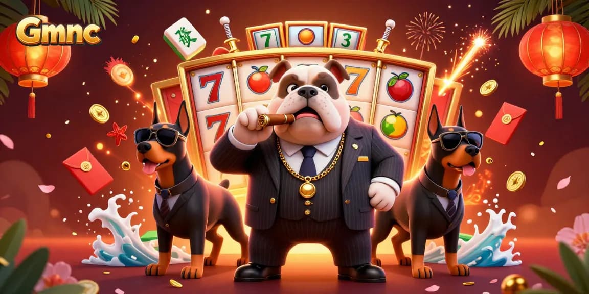 Gmnc unleashes excitement with a mafia cartoon scene featuring slot reels and jackpot symbols!