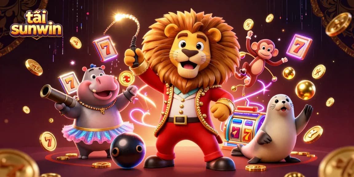 Engage with the exciting tải sunwin platform, featuring circus-themed characters and vibrant slot elements.
