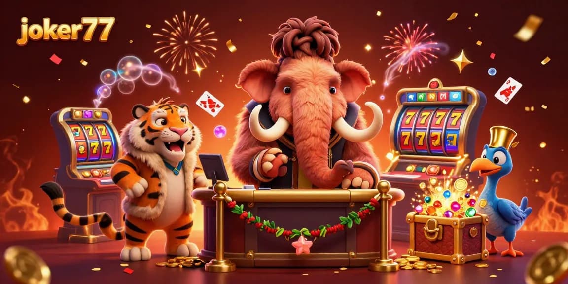Experience the thrill of joker77 at the vibrant casino door with unique characters and gaming elements.