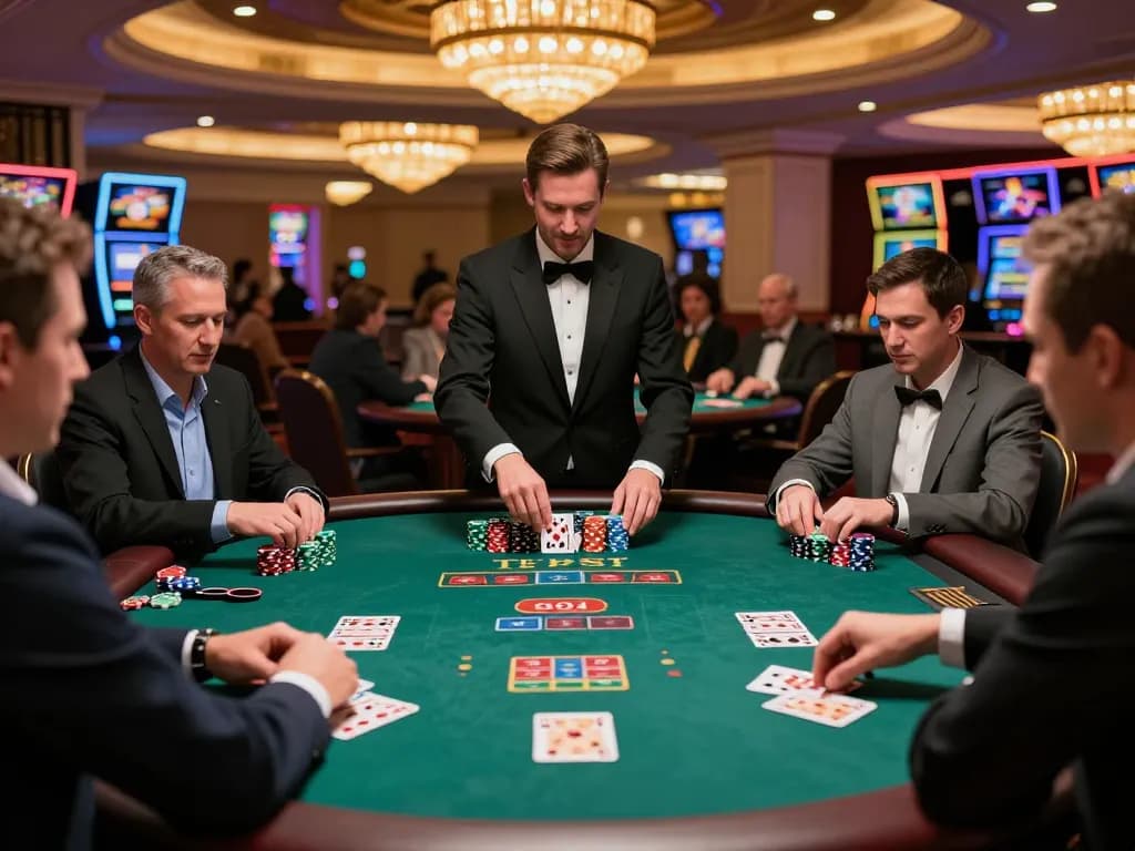 33win players placing bets at an intense blackjack table in a luxurious casino.