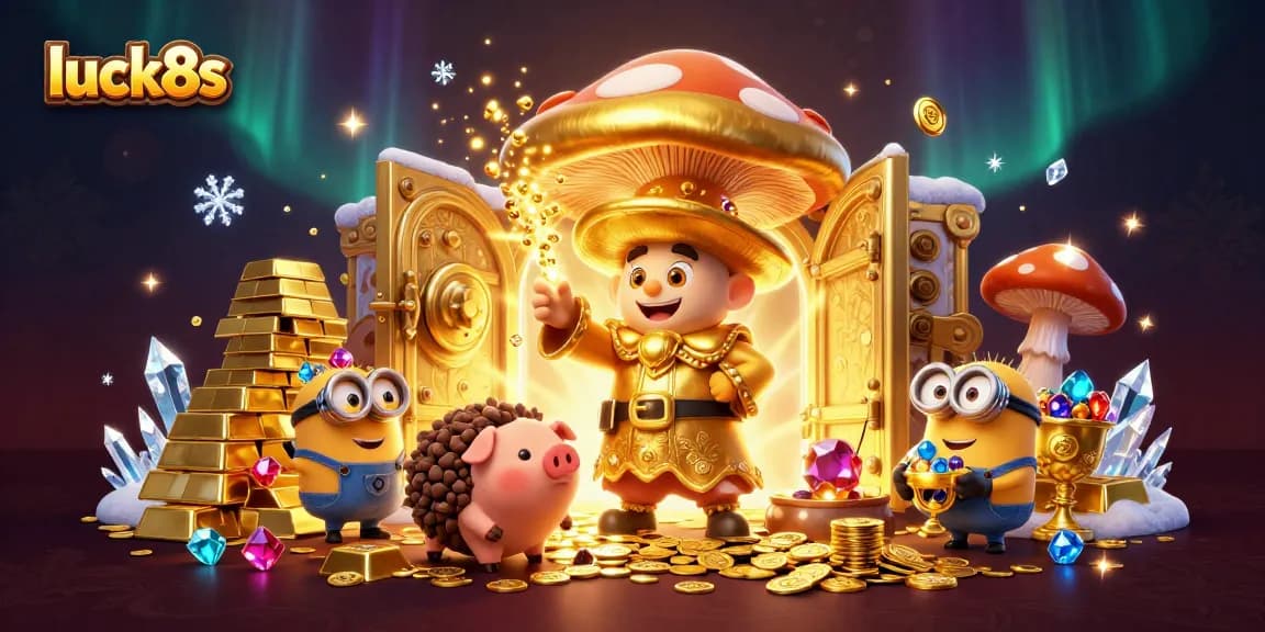 Experience the magic of luck8s with a golden wizard channeling treasure in this vibrant casino-themed illustration.