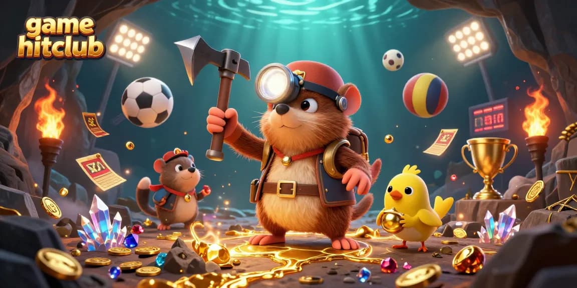 Engage with game hitclub's immersive gaming experience featuring a treasure hunter and vibrant sports elements.