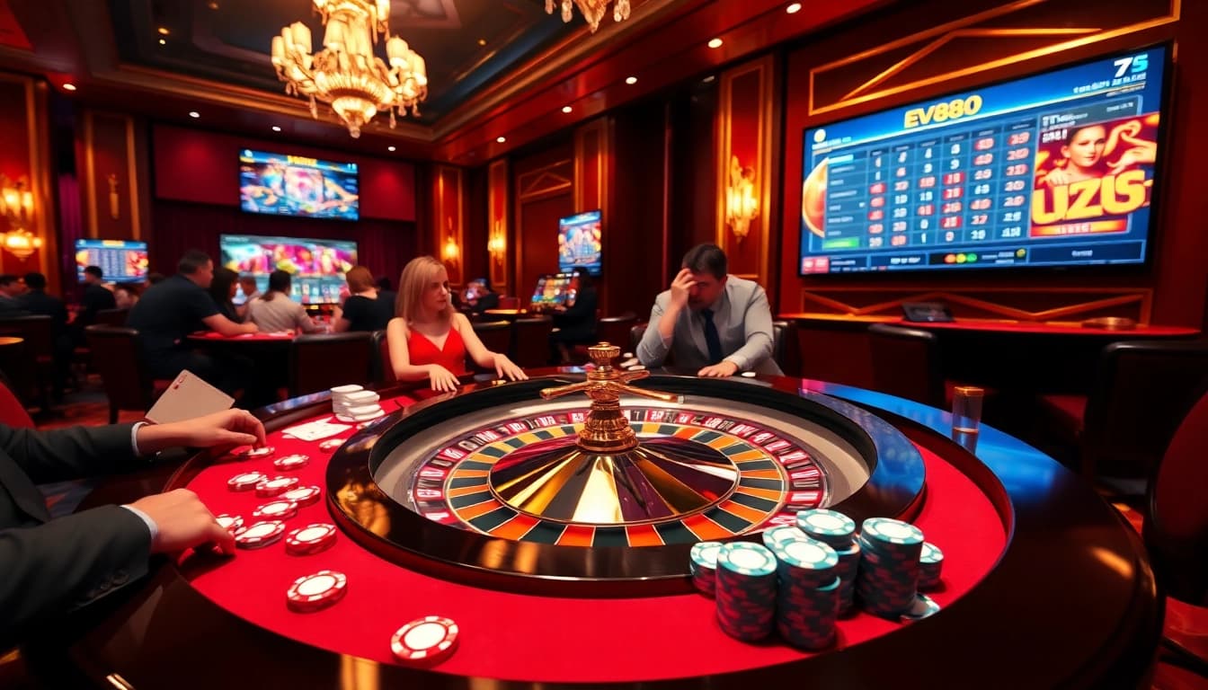 Ev88 casino players enjoying a thrilling game at a luxurious roulette table