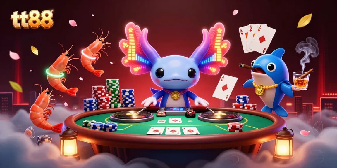 Experience thrilling action at TT88 casino with a vibrant 3D illustration featuring a DJ axolotl and vibrant poker elements.