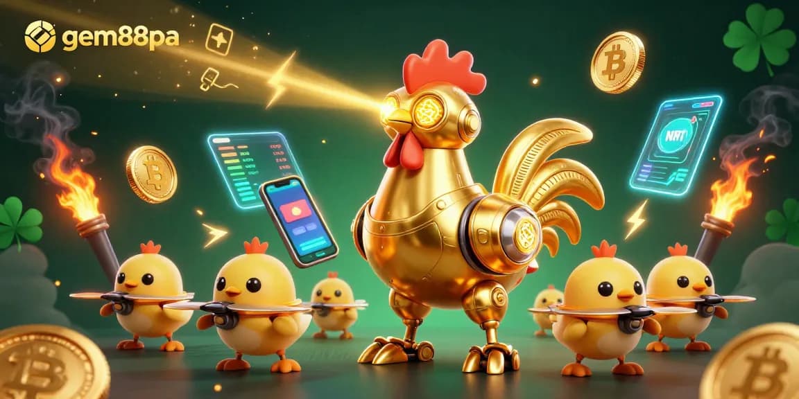 Engage with gem88pa through a vibrant, exciting 3D casino illustration featuring a golden rooster robot.