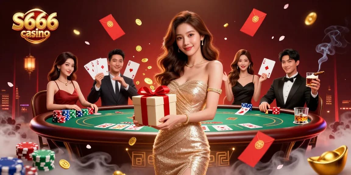 S666 casino festive scene with a beautiful woman and casino game elements showcasing excitement.