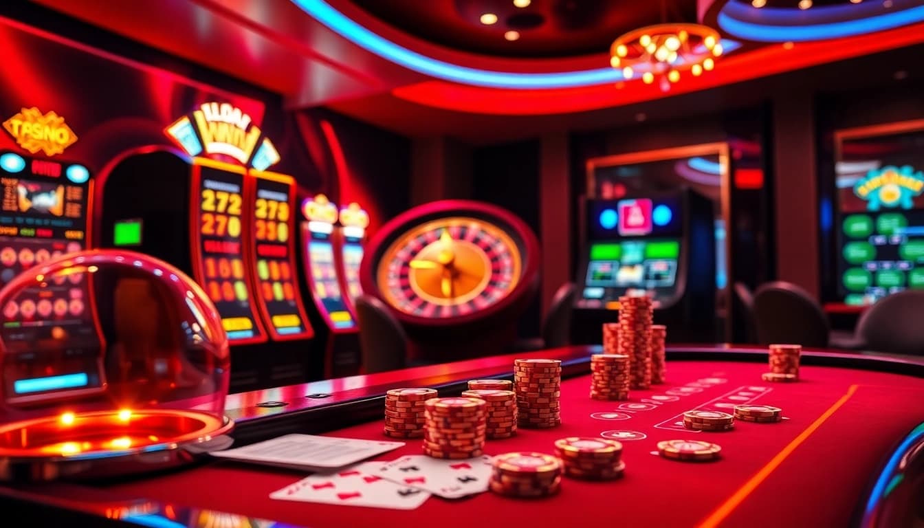 Experience high-stakes gaming at https://789club.quest/ with vibrant displays of slot machines and poker tables.