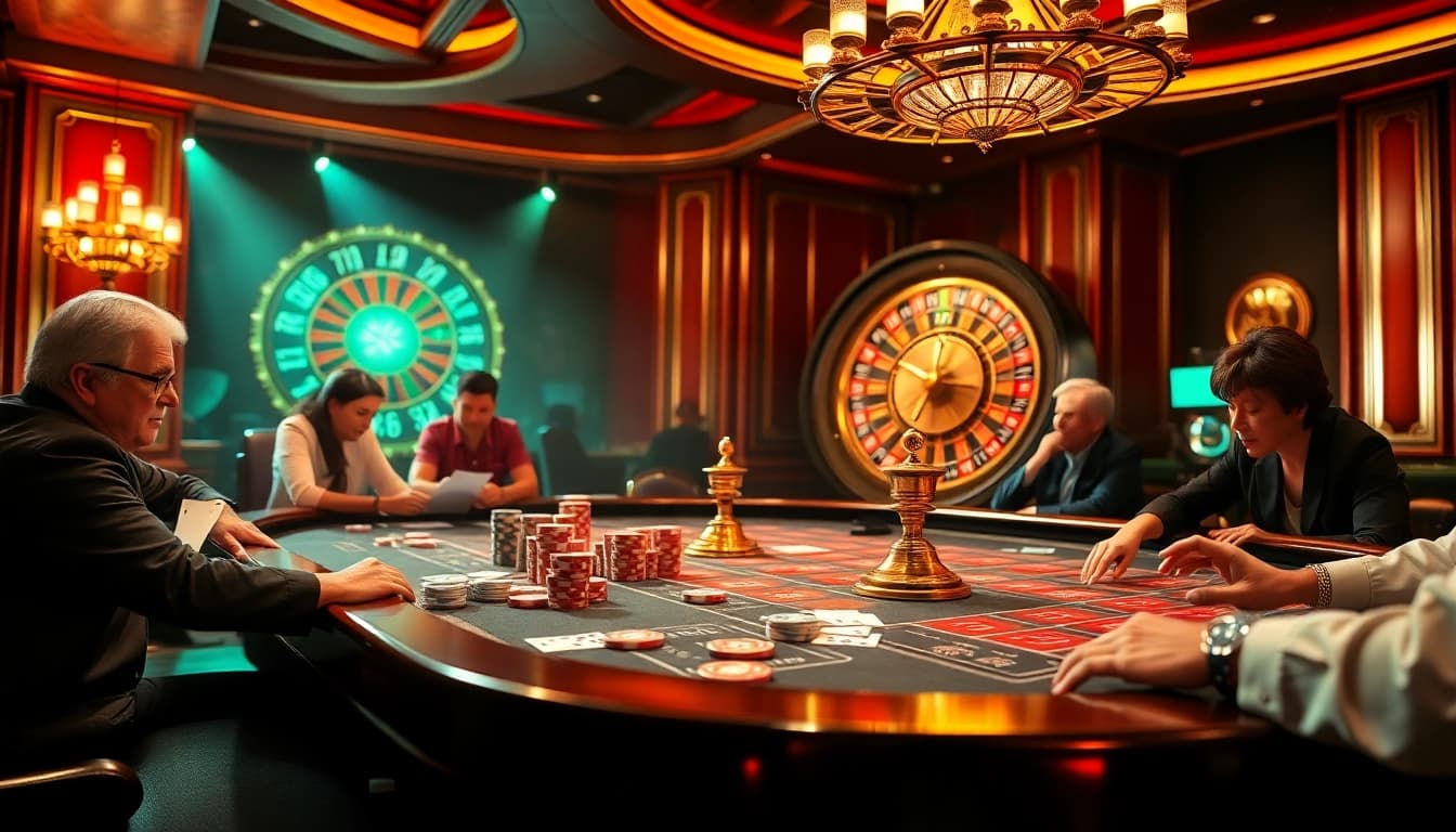 Experience the excitement of LC88 with a vibrant casino scene featuring engaging poker and roulette games.