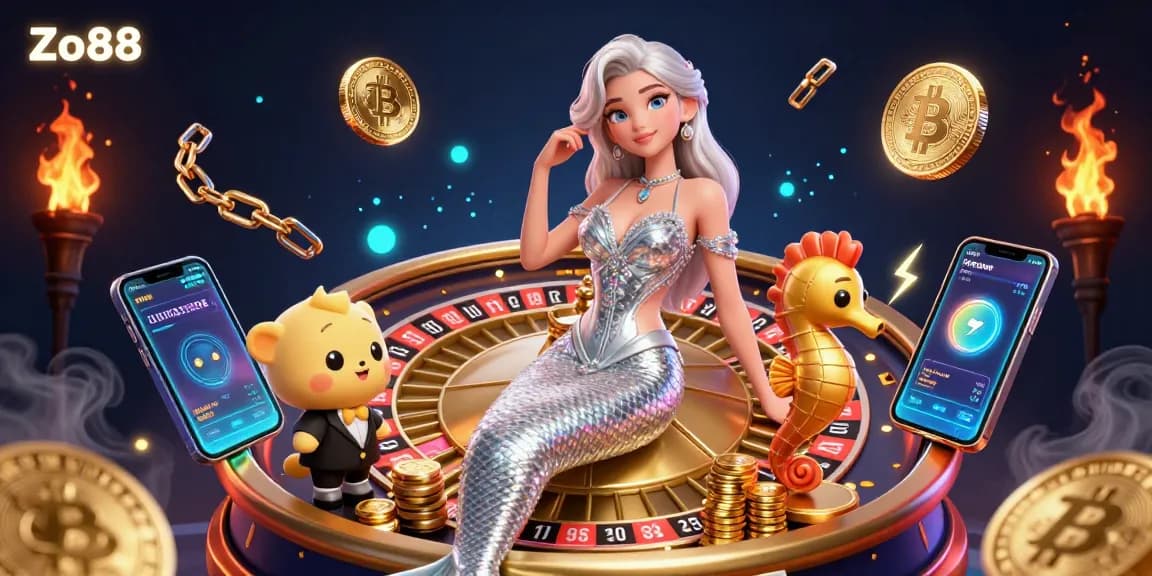 Engage with Zo88's thrilling 3D casino experience featuring a roulette wheel, crypto coins, and vibrant characters.