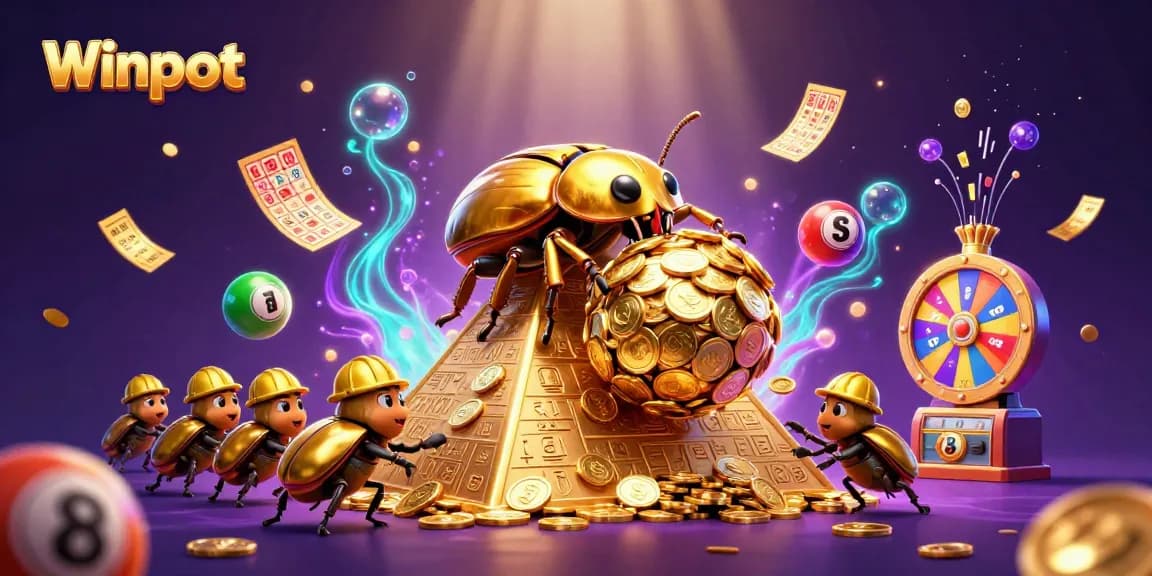 Join the excitement at Winpot with a golden beetle rolling wealth, surrounded by vibrant lottery elements!
