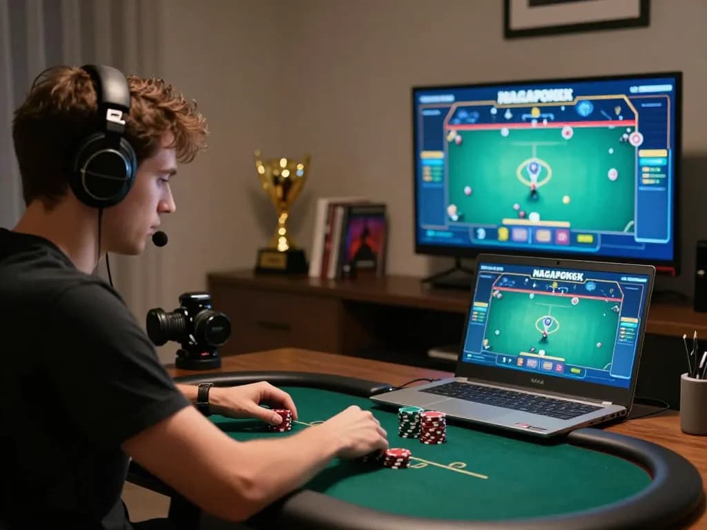 Engage in strategic nagapoker gameplay in a stylish home office setting with focused player.