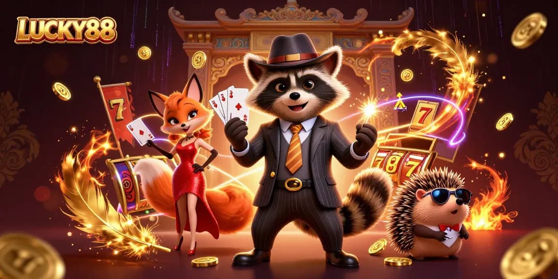 Lucky88 slot game scene featuring a raccoon holding a royal flush, engaging players with animated fun.