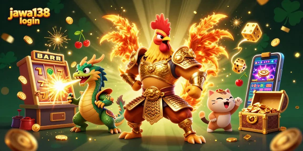 Jawa138 login untuk bermain dengan slot mesin 3D dan karakter prajurit ayam berperang.