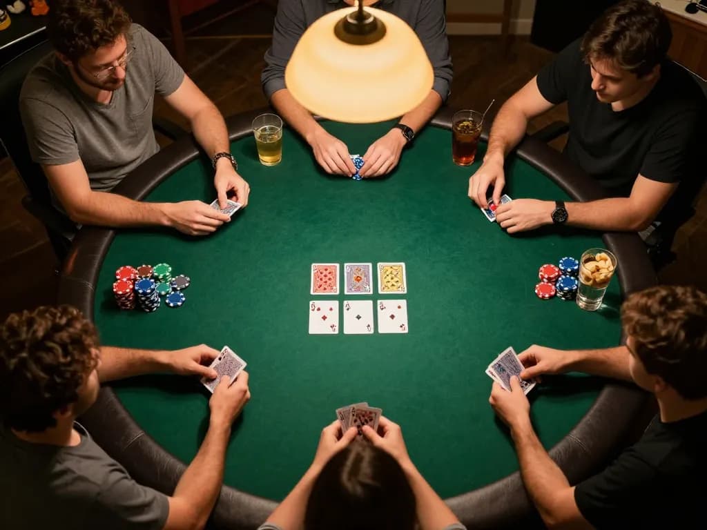 Players enjoying a lively poker game at home, showcasing hytw3339a's thrilling gaming experience.