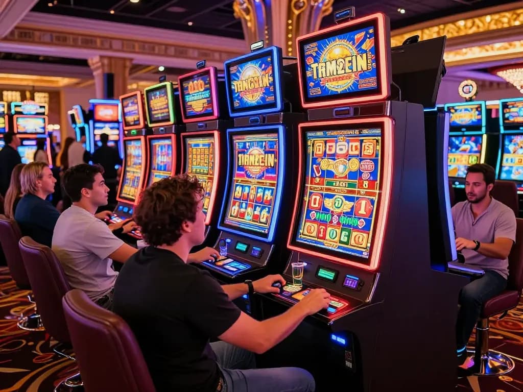 Pemain menikmati mesin link slot di suasana kasino Las Vegas yang mengasyikkan dengan lampu yang berwarna-warni dan tampilan yang cerah.