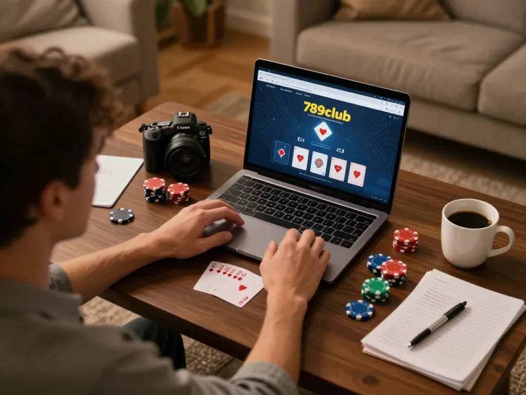 Engage in a thrilling online poker game with 789club, showcasing a cozy home gaming setup.