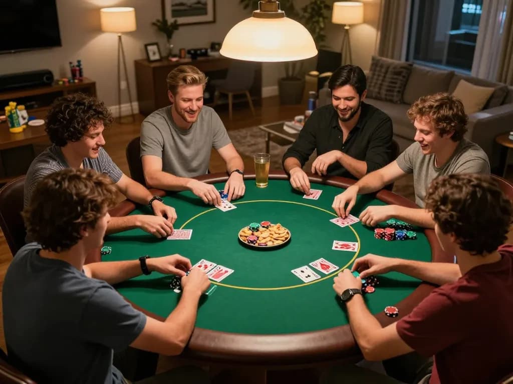 Teman-teman yang terlibat bermain toto togel saat malam poker di rumah yang meriah, dikelilingi oleh makanan ringan dan minuman.