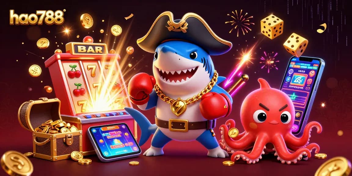 HAO788 menampilkan ilustrasi lucu dengan hiu bajak laut dan ikan puffer yang menggemaskan saat bermain slot