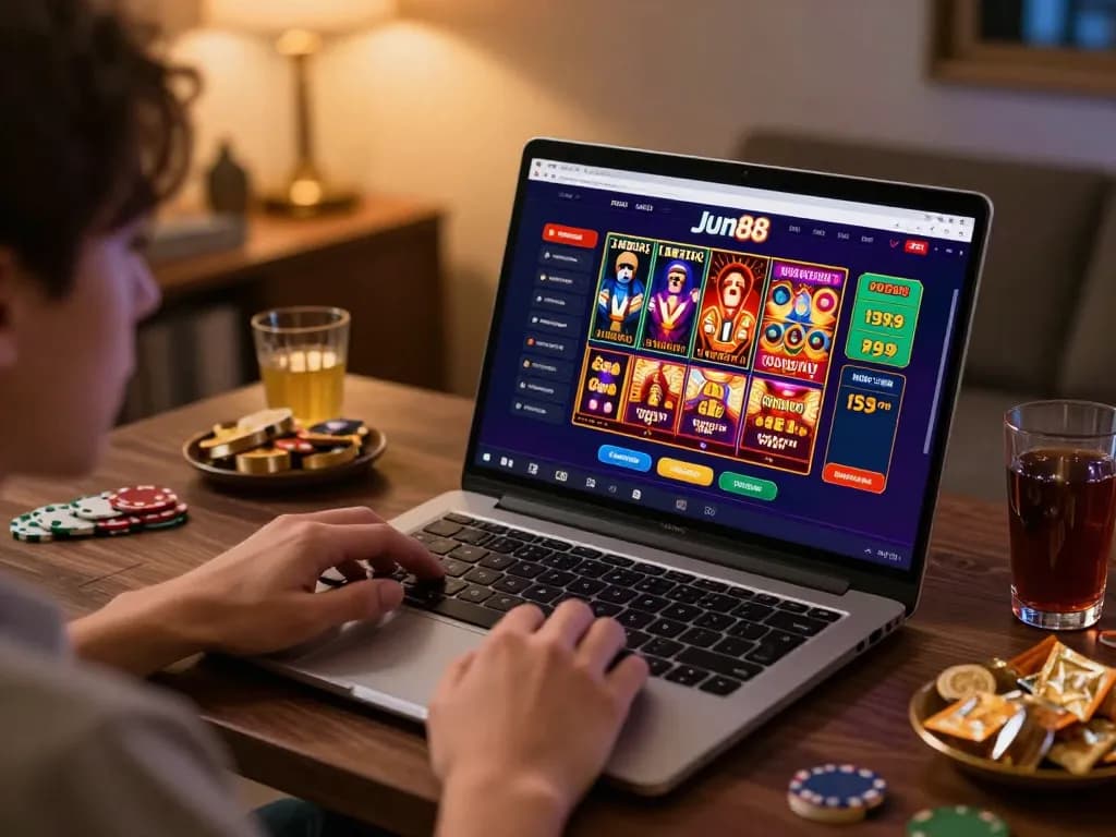Player engaging with Jun88 online casino on laptop, showcasing vibrant games and strategies in a cozy setting.