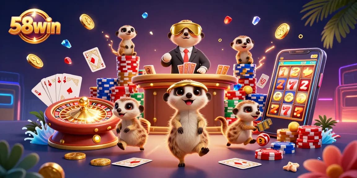 Engage with the thrilling world of 58win's casino action featuring meerkats managing a vibrant casino scene.