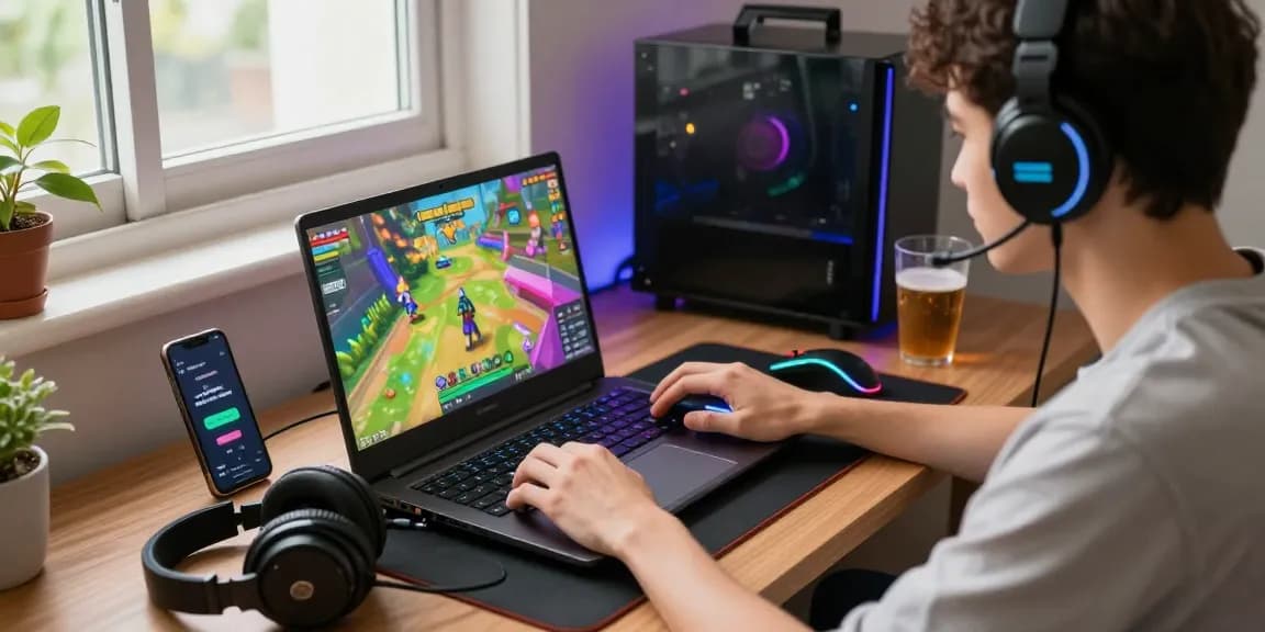 Engaged user playing cika4d platform games at cozy home setup
