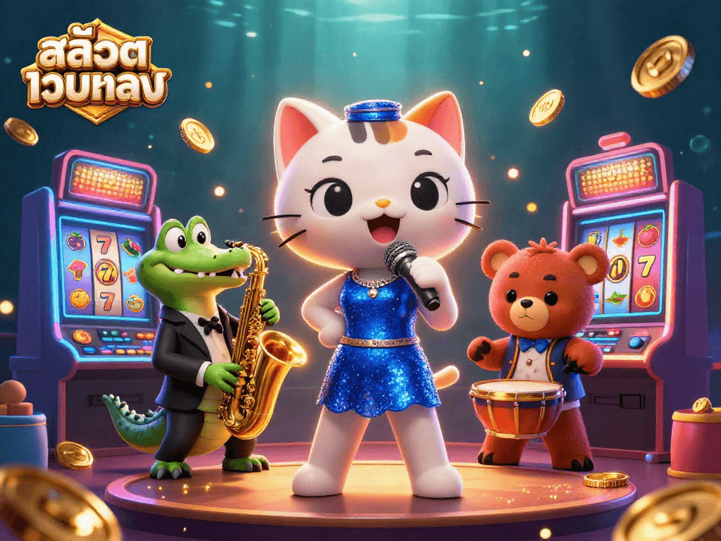 Engage with สล็อตเว็บตรง in this vibrant 3D casino scene featuring colorful slot machines and lively characters.