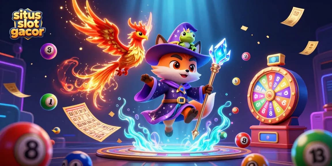 Engaging scene with situs slot gacor elements, showcasing a wizard fox, phoenix, and lottery games.