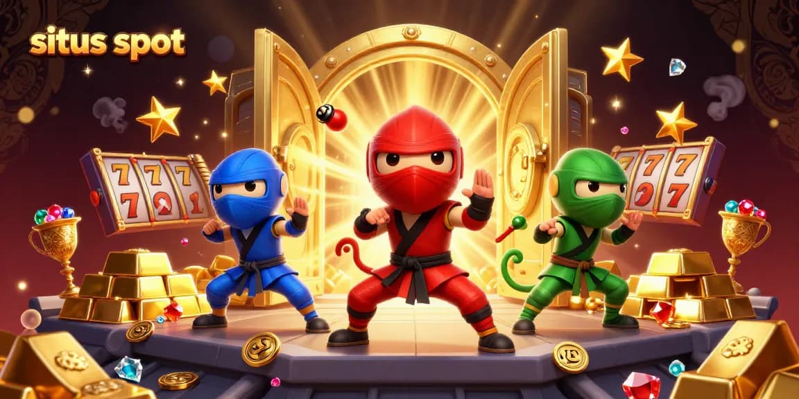 Synchronized martial arts poses by ninja chameleons amidst rich casino elements, featuring situs slot visuals for an engaging digital scene.