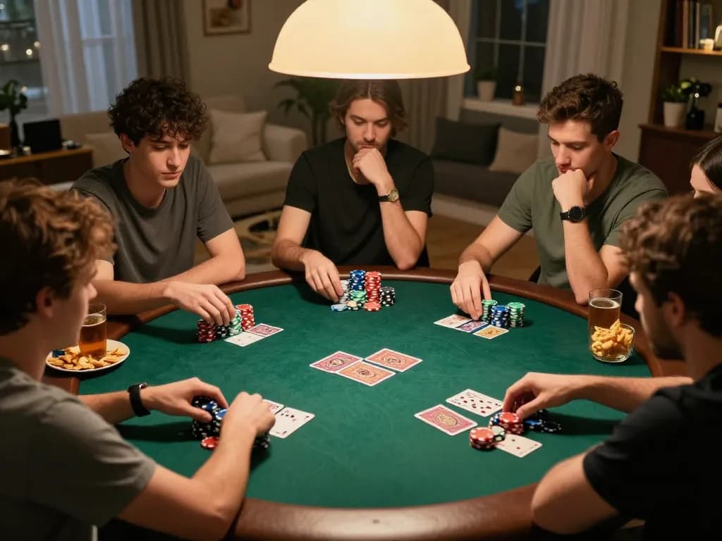 Pemain Kenzototo terlibat dalam kompetisi poker yang ramah di malam permainan di rumah, menampilkan interaksi strategis.