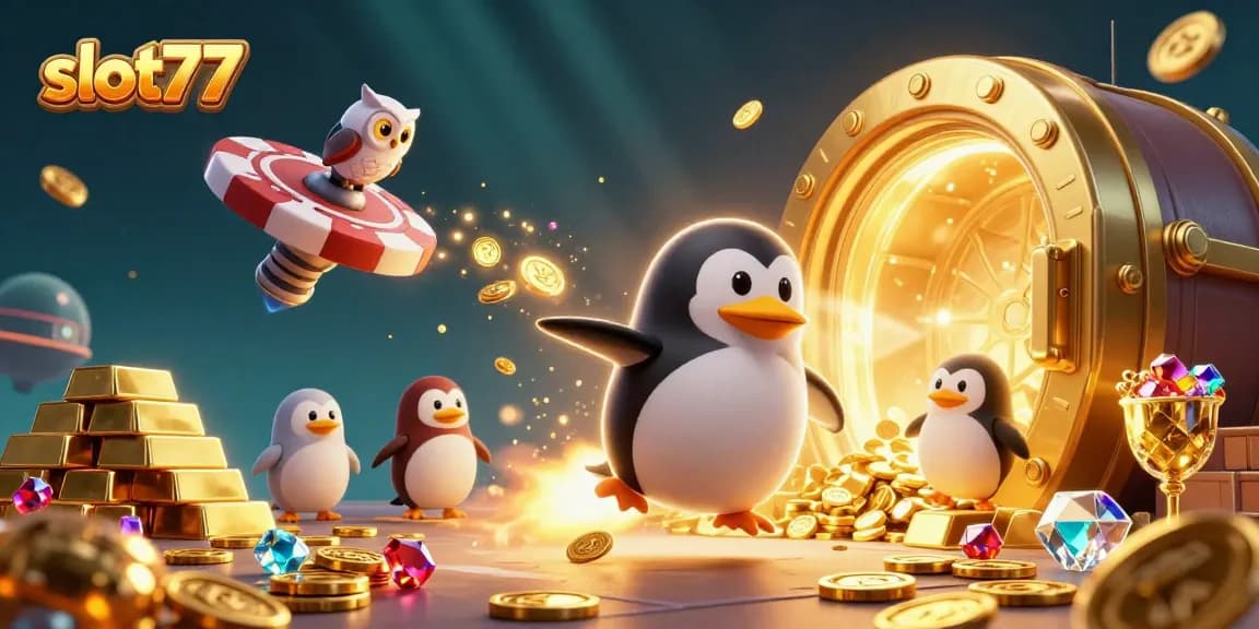 Spin to win big with slot77 in this vibrant casino-themed illustration featuring golden coins and jewels.
