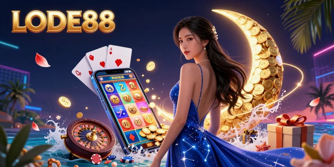 Enhance your LODE88 gaming experience with an elegant woman amidst vivid casino elements.